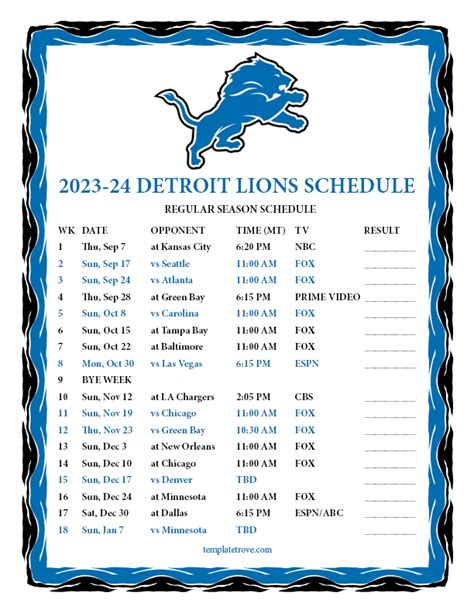 Printable Lions Schedule